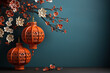 Chinese new year concept, red chinese paper lantern,with mandarin oranges, mockup, copy space