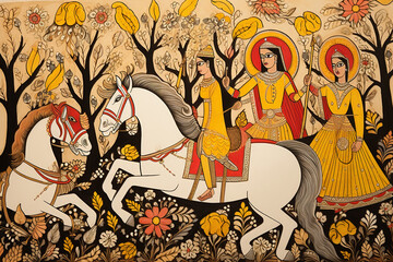 Wall Mural - Traditional Madhubani style painting of a man on a horse on a textured background.