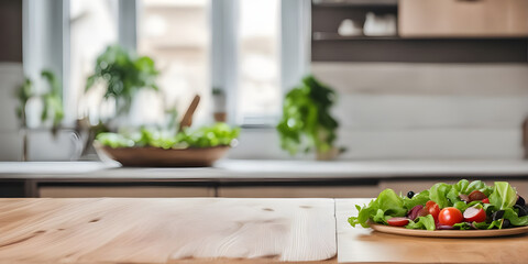 Wall Mural - Wooden tabletop counter with salad in kitchen.