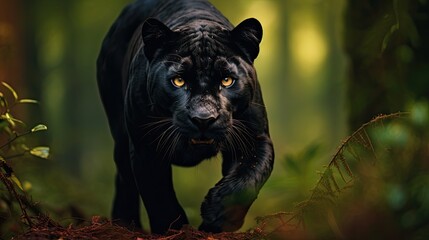 Wall Mural - black panther in the forest facing the camera