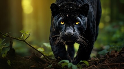 Wall Mural - black panther in the forest facing the camera
