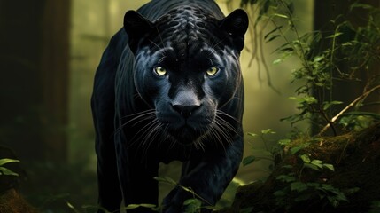 Wall Mural - black panther in the forest facing the camera