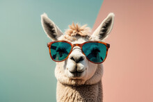 Creative Animal Concept. Llama In Sunglass Shade Glasses Isolated On Solid Pastel Background, Commercial, Editorial Advertisement, Surreal Surrealism
