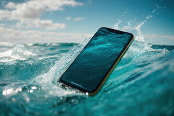 mobile phone takes pictures of the ocean. Sinking phone in sunlight and natural green background. Splashes of water in glass. Select focus, blurred background.
