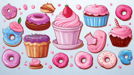 Set of cupcakes, seamless colorful sweet background, donuts, cupcakes, smoothie with strawberry, pink blue colours, Birthday Christmas Xmas Easter Mother day party celebration concept illustration