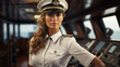 Portrait of a young female confident Captain of a cruise liner on the navigation bridge of the Cruise ship sailing the ocean. The concept of gender equality