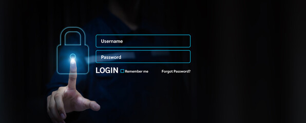 Hand touch login username and password icon for safety internet security access or user sign registration menu for social media member verification account or submit register concepts.