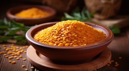 Wall Mural - Lentils red in a wooden bowl standing on the kitchen table. Generative AI