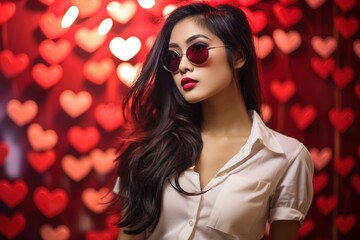 Valentine's day. Portrait of beautiful young Asian woman in sunglasses on red background with hearts.