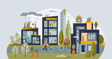 Fototapeta  - Green living and sustainable lifestyle urban community tiny person concept. Nature protection for environmental and ecological future vector illustration. City with green rooftops and lush greenery.