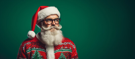 Studio portrait of a trendy Father Christmas character wearing a festive christmas ugly jumper