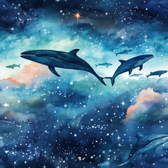 Wall Mural - Galaxy whale watercolor pattern, space fantasy universe flying whales tile