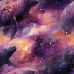 Wall Mural - Galaxy whale watercolor pattern, space fantasy universe flying whales tile