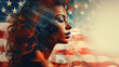 American flag double exposure over a  female Face profile looking right. revers facing USA flag background.