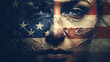 American Flag Painted on a woman's face close up. Patriotic portrait.