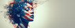 American flag double exposure over a  female Face profile looking right. Area for text on the right.