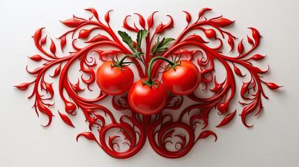 Three tomato s in a design on the vine. Over a white background with red design. 