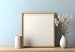 blank picture frame on shelf next to arrangement of flowers, in the style of light beige and gold, realistic and hyper-detailed renderings, minimalist brush work, eco-friendly craftsmanship, light bro