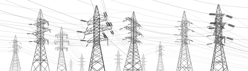 Wall Mural - High voltage transmission systems. Electric pole. Power lines. A network of interconnected electrical. Energy pylons. City electricity infrastructure. Gray otlines on white background. Vector design