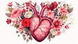 Beautiful anatomic heart with flowers and leaves.