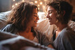 © Anoo - You are the beautiful part of my life. Lesbian couple of spirit women hugging in bed. Romantic feelings. Love. LGBT concept.