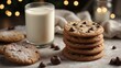 A beautifully arranged plate of freshly baked chocolate chip cookies and a tall glass of cold milk left out for Santa Claus on Christmas Eve. Generative AI