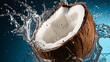 A close up of a coconut with water splashing on it
