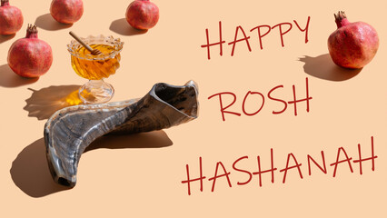 Wall Mural - Greeting cards with musical horn Shofar, fresh honey and pomegranate fruit for Jewish holiday Rosh Hashanah.