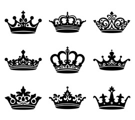 Wall Mural - Set of black crown icons silhouette. Collection Coat of arms and royal symbols. Vector illustration