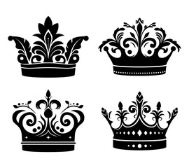 Wall Mural - Set of black crown icons silhouette. Collection Coat of arms and royal symbols. Vector illustration