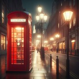 Fototapeta Londyn - Red phone or telephone booth in the middle of city street in lanterns light.