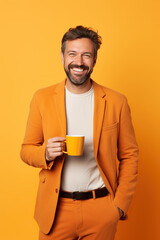 Wall Mural - Happy man with cup of coffee on orange background