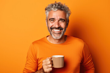 Wall Mural - Happy man with cup of coffee on orange background