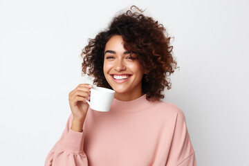 Wall Mural - Happy woman with cup of coffee on white background