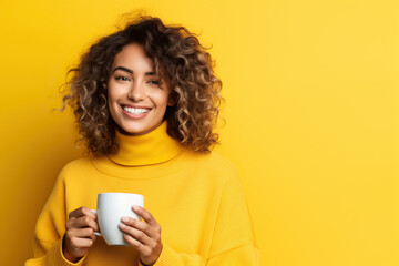 Wall Mural - Happy woman with cup of coffee on yellow background