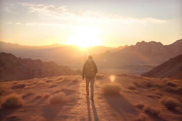 Wall Mural - Hiker walking to Mountain at sunset.