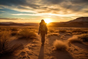 Wall Mural - Hiker walking to Mountain at sunset.