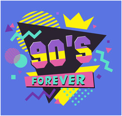 90 s forever. colorful poster with lettering, abstract geometric shapes. event or party invitation d