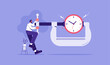 Time pressure or running out of time or anxiety to finish work within aggressive deadline or time management concept, businessman apply pressure to clock with a vise grip