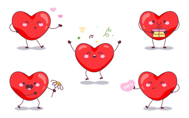 Wall Mural - Heart Mascots Celebration Set. Vector Illustration of Love Heart Characters with Various Happy Gestures, Perfect for Valentine's Day and Romantic Banners or Cards.