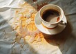 Una taza de café derramada sobre una mesa