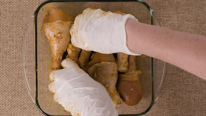 Wall Mural - Chicken drumsticks marinated with garlic, soy sauce, and turmeric close-up in a glass baking dish, ready to be baked