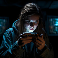 Poster - portrait of a person using handheld gaming console in the dark