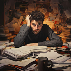 Wall Mural - A stressed man going through stacks of documents