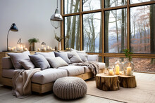 Sofa with grey cushions and tree stump coffee table with candles against window with forest view. Scandinavian home interior design of modern living room in chalet.