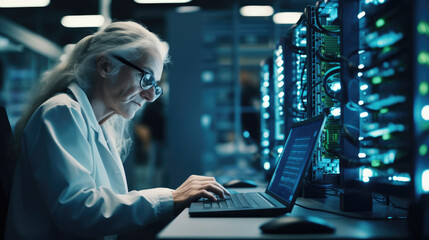 Portrait of female senior information technology specialist person in the dark with blue light data center server room background.