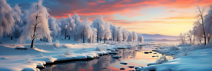 Wall Mural - panorama landscape with winter forest, mountains and river at sunset