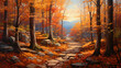 A painting of a path in a forest with fall leaves
