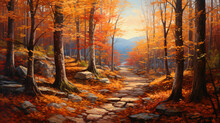 A Painting Of A Path In A Forest With Fall Leaves