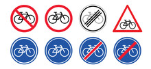 Stop Halt Allowed Sign, No Bicycle Or Forbid Parking Space Zone Or Bike Route. Sport Cyclist Banner. No Ban Cycling Icon. Flat Vector Bike To Parking Area Signboard. Bike Path Area. 